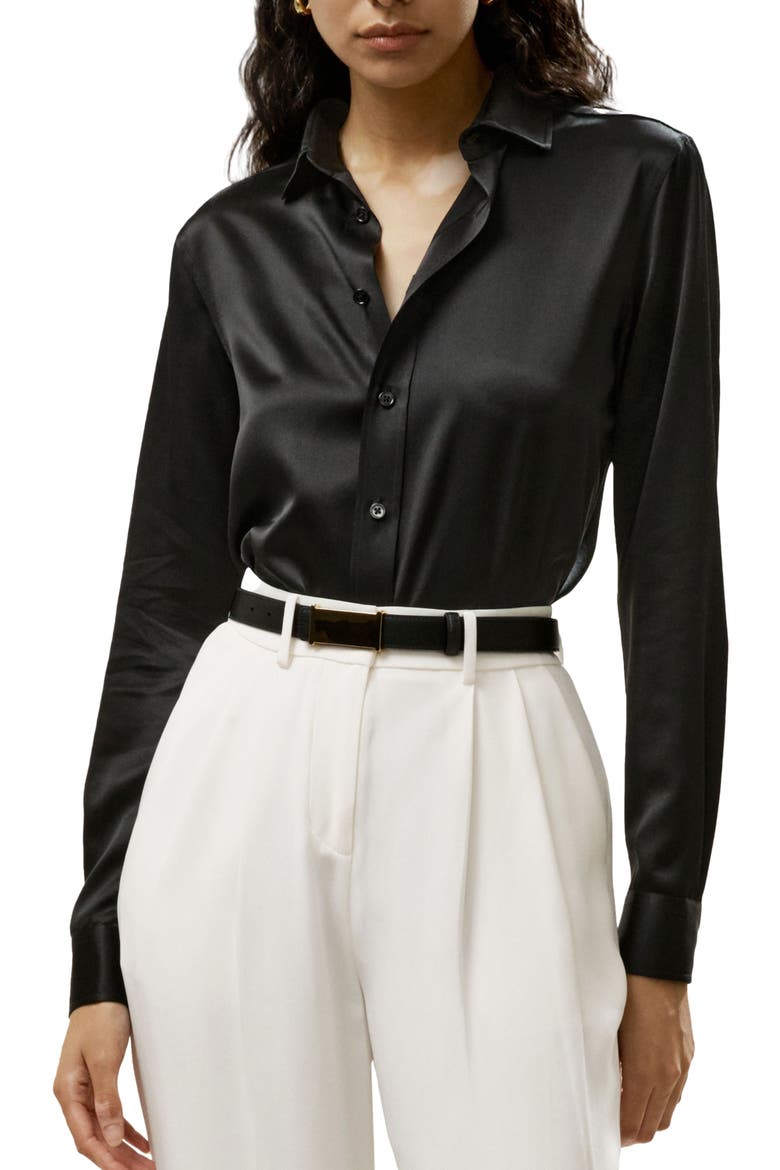Women's Tailored Button Down Silk Shirt, Alternate, color, Black