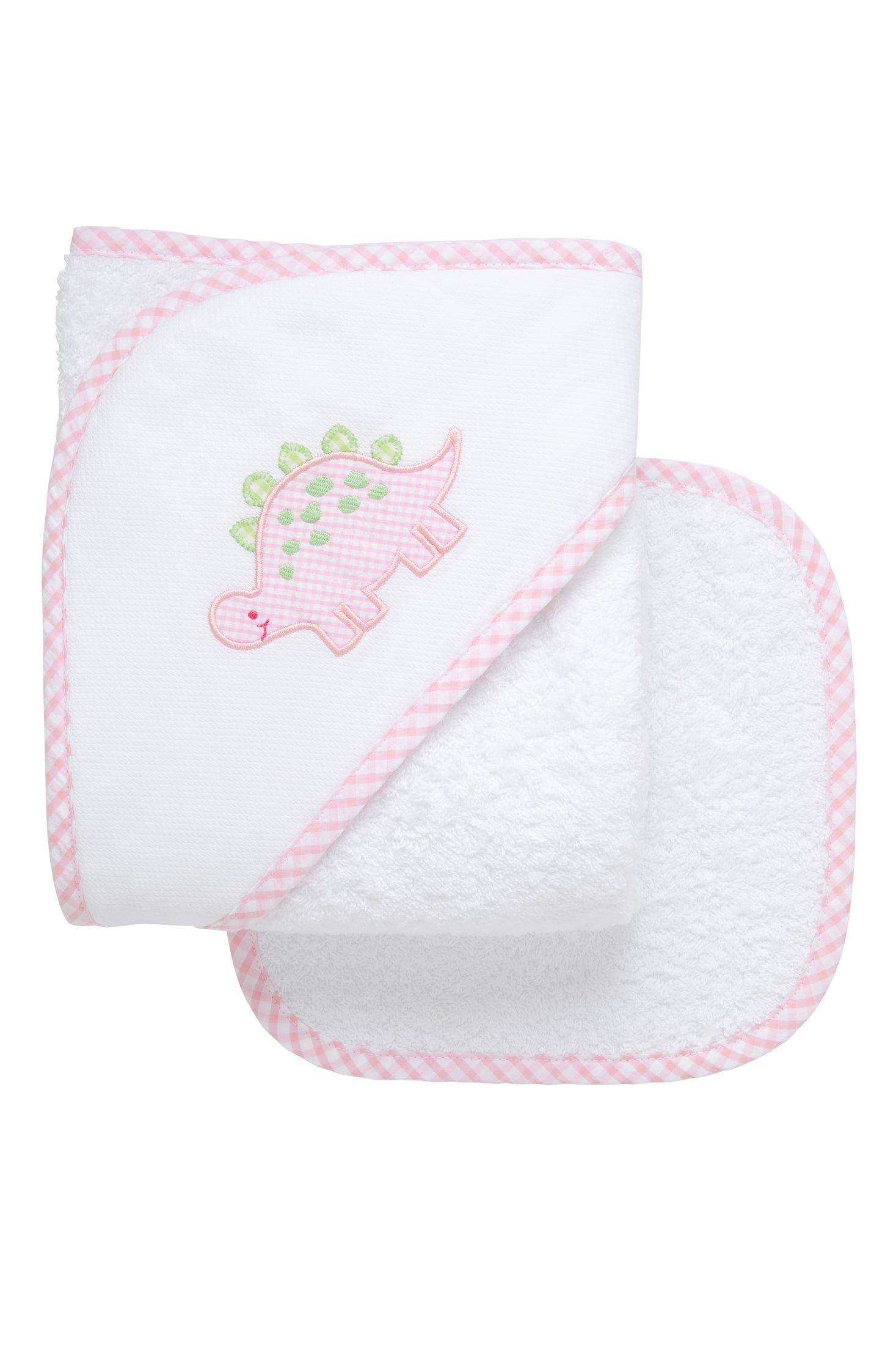3 Marthas Playful Pals Hooded Towel & Washcloth Set in Pink Dino 