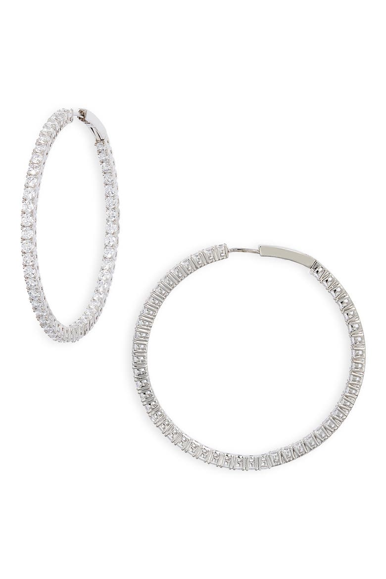 Tennis Pavé Cubic Zirconia Hoop Earrings, Main, color, RHODIUM