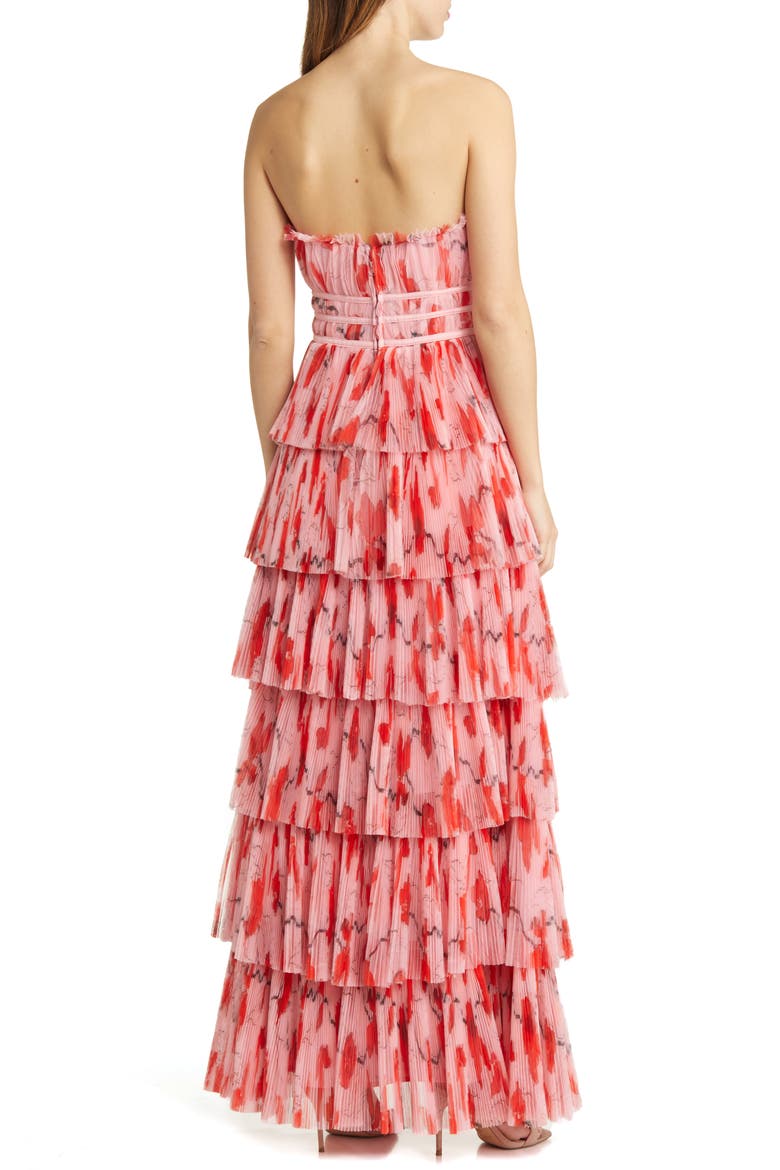 Monaco Strapless Ruffle Tiered Plissé Gown, Alternate, color, BLUSH RED POPPIES TULLE