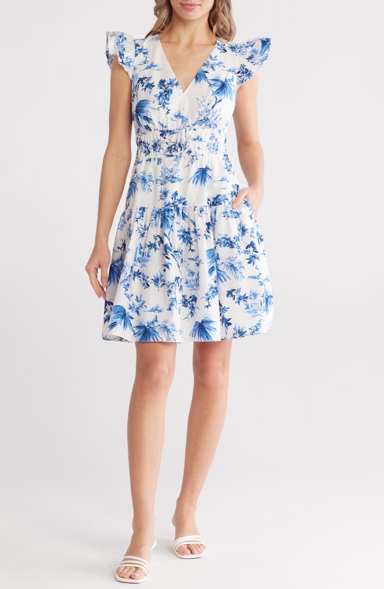 Vince Camuto Floral Cap Sleeve Cotton Fit & Flare Dress, Main, color,