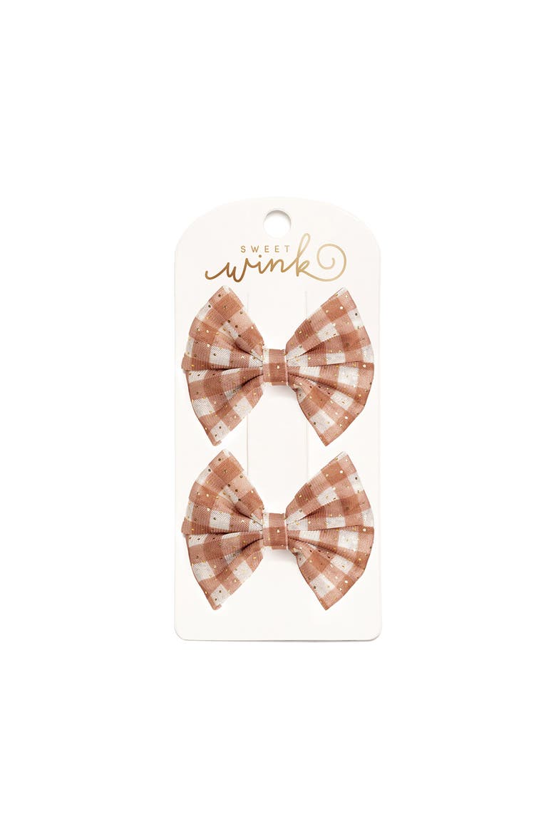 Gingham Printed Tulle Bow Clip Set, Main, color, Multicolor