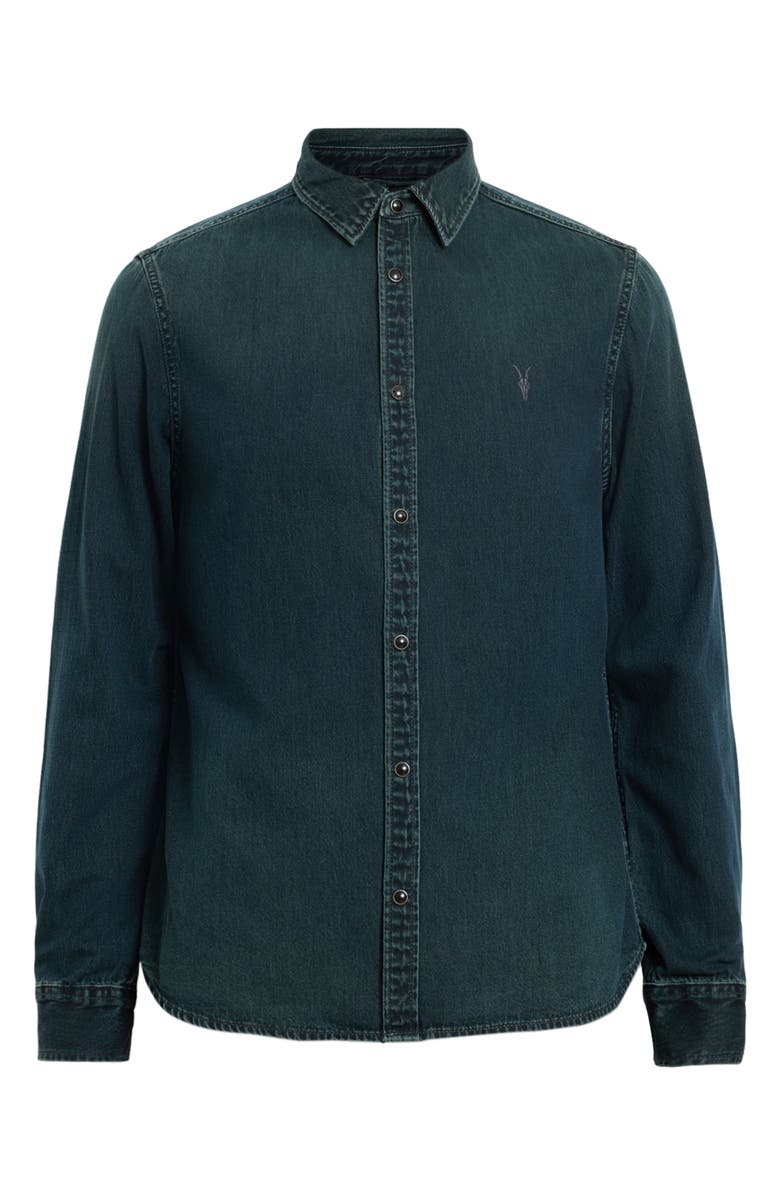 AllSaints Gleason Cotton Denim Snap-Up Shirt, Alternate, color, Phantom Blue