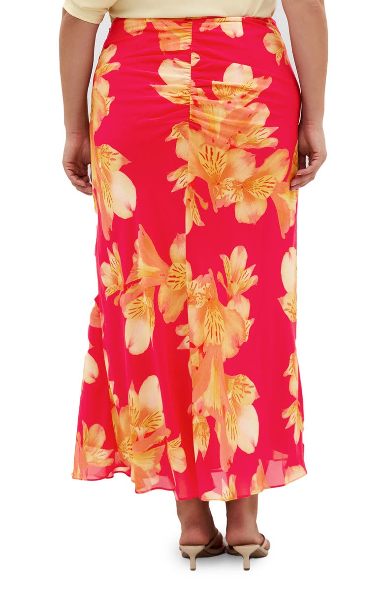 City Chic Soiree Print Ruched Maxi Skirt, Alternate, color, Fuchsia Lily
