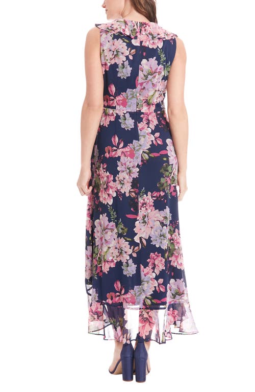 LONDON TIMES LONDON TIMES FLORAL RUFFLE SLEEVELESS CHIFFON FAUX WRAP DRESS