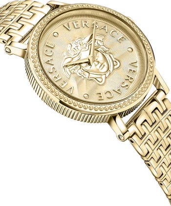 稀少 VERSACE(ヴェルサーチ) V-Dollar Leather Ladies Watch V-Dollar 37MM IP YG Watch Black Dial Calf Leather Strap