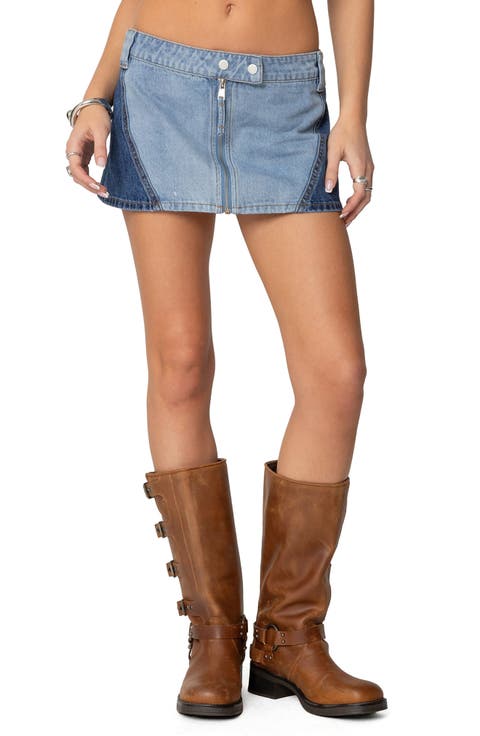 Reni Contrast Wash Zip-Up Denim Miniskirt