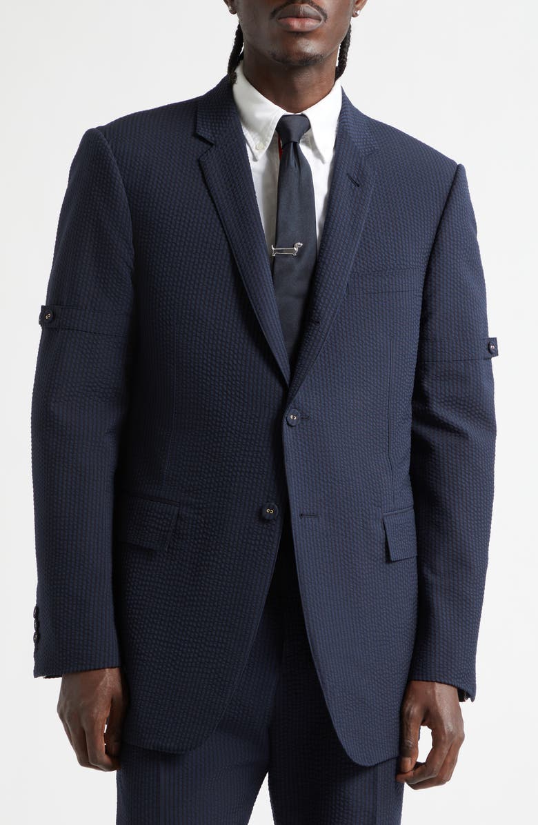 Thom Browne Armband Wool Seersucker Unconstructed Sport Coat, Main, color, Navy