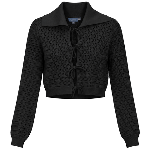 Eyelet Knit Lace-Up V-Neck Sweater