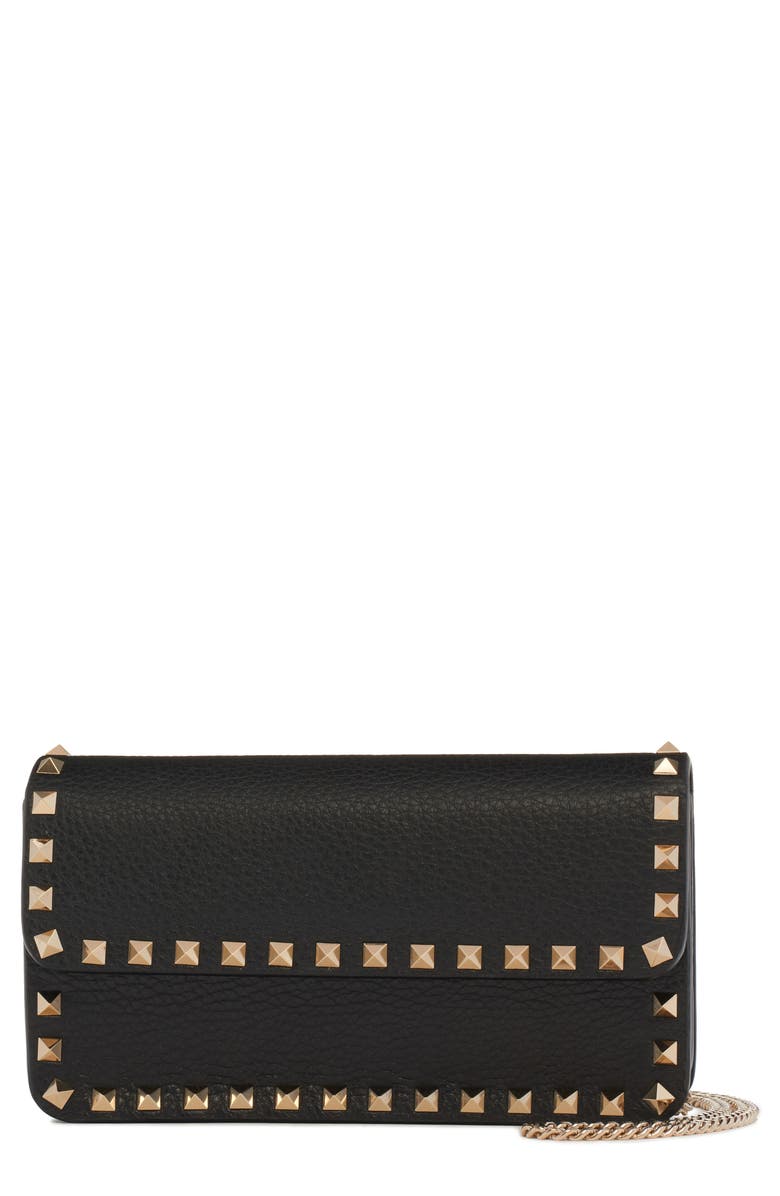 Valentino Garavani Rockstud Leather Wallet on a Chain, Main, color,