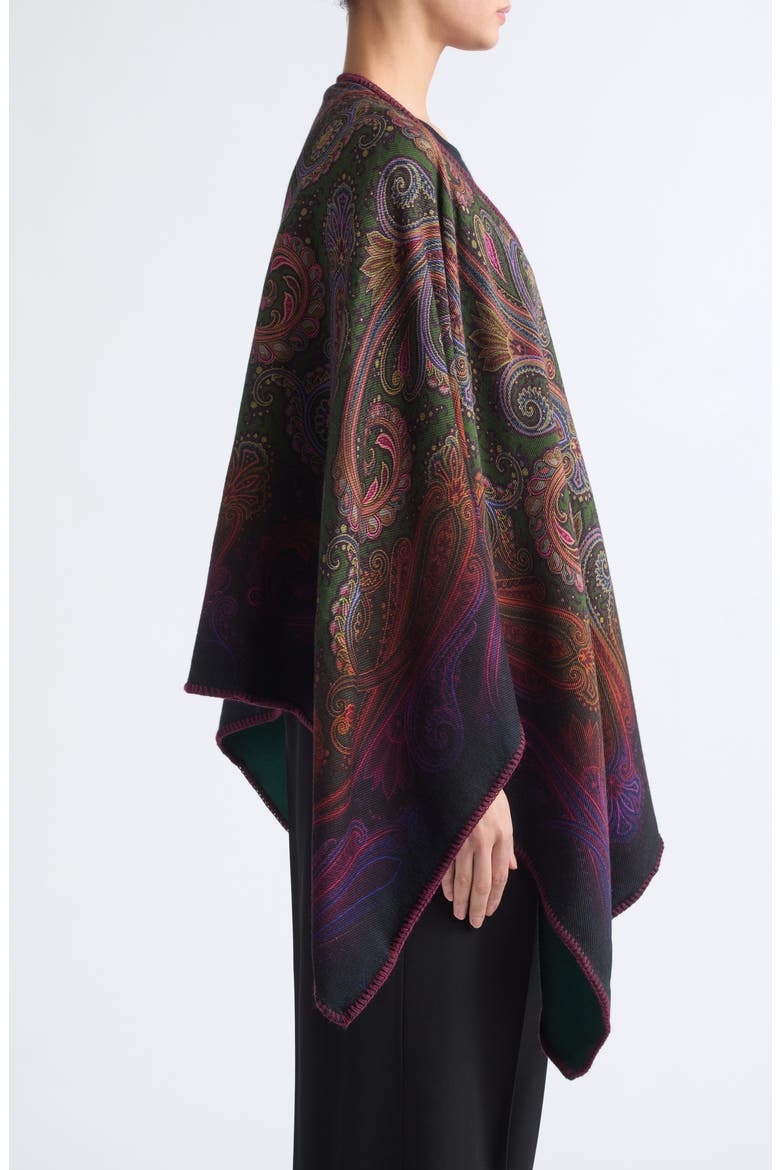Ombré Paisley Swirl Reversible Wool Blend Cape, Alternate, color, GREEN