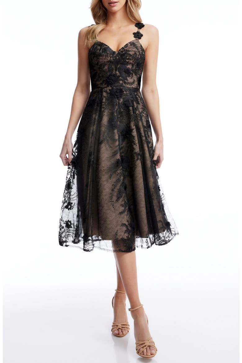 Maren Floral Lace Cocktail Midi Dress, Main, color, BLACK-BEIGE