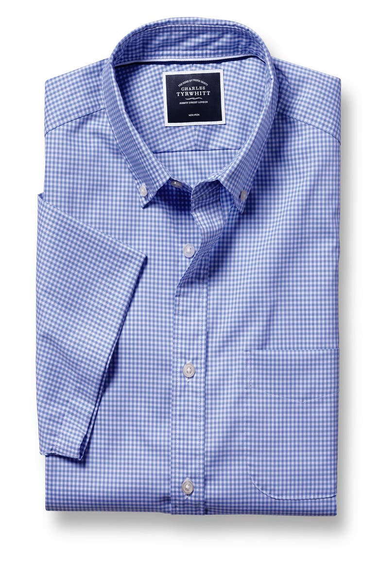 Slim Fit Button-Down Collar Non-Iron Stretch Mini Gingham Short Sleeve Shirt, Alternate, color, Ocean Blue