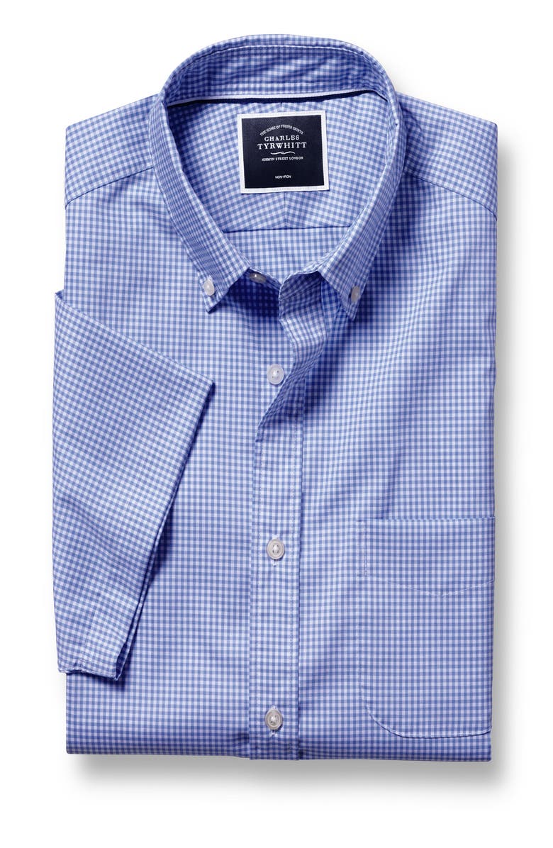 Charles Tyrwhitt Slim Fit Button-Down Collar Non-Iron Stretch Mini Gingham Short Sleeve Shirt, Alternate, color, Ocean Blue