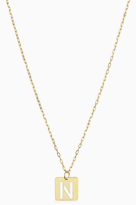 14K Gold Initial Tile Petite Necklace