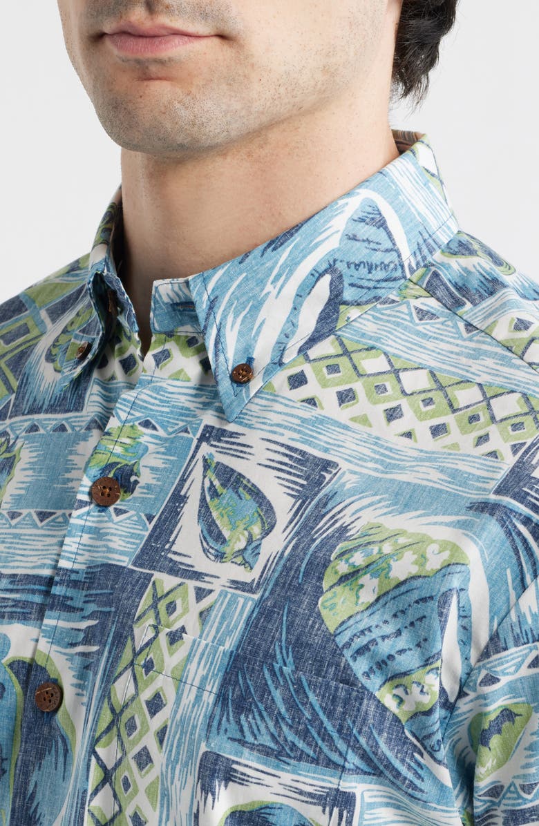 Kahala King's Shells Short Sleeve Cotton Button-Down Shirt, Alternate, color, Ocean Blue