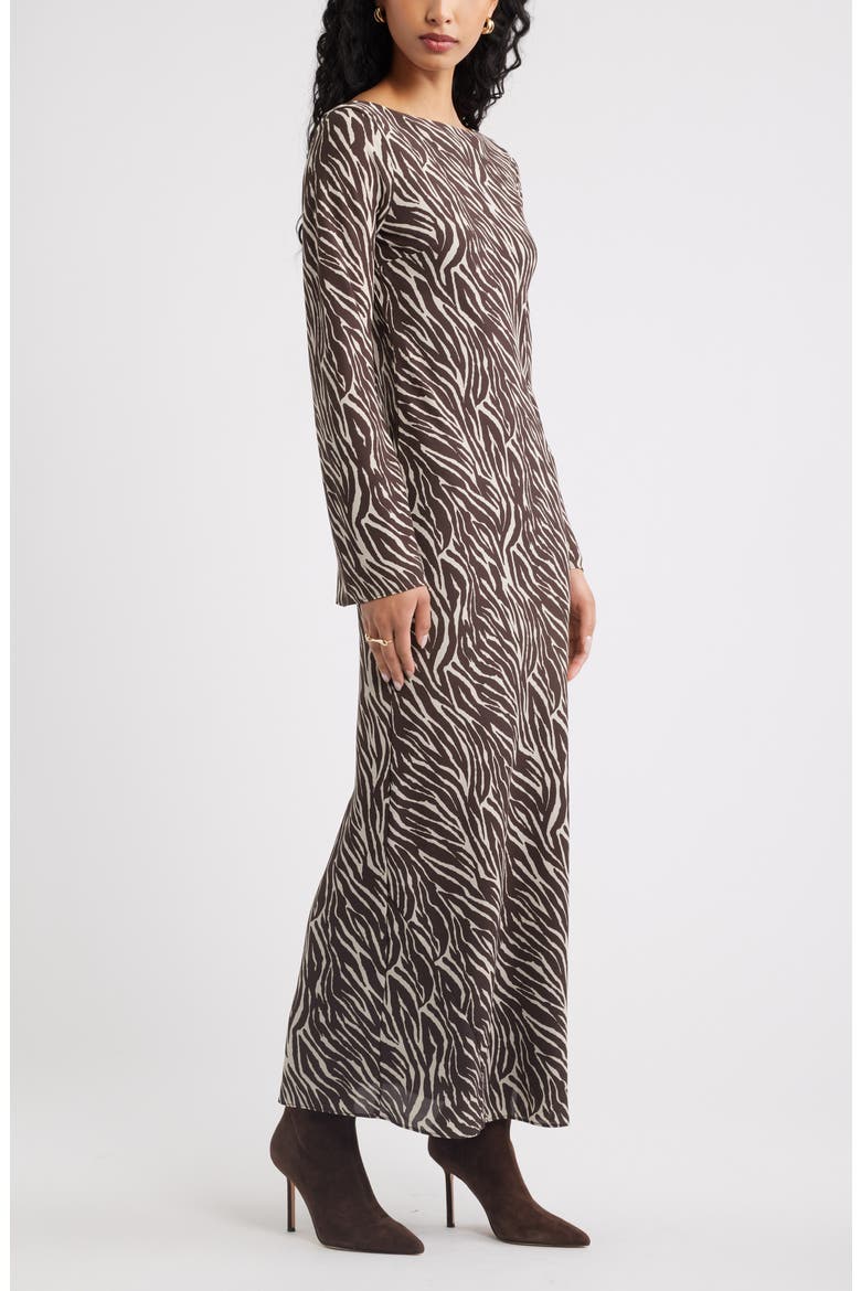 Print Long Sleeve Drape Back Dress, Alternate, color, BROWN ANIMAL STRIPES