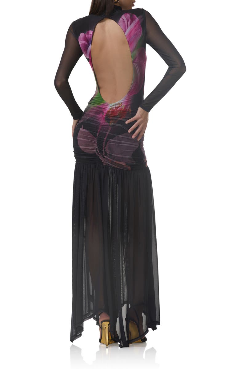 AFRM Joni Sheer Long Sleeve Turtleneck Mesh Maxi Dress, Alternate, color, Pink Peony Blur