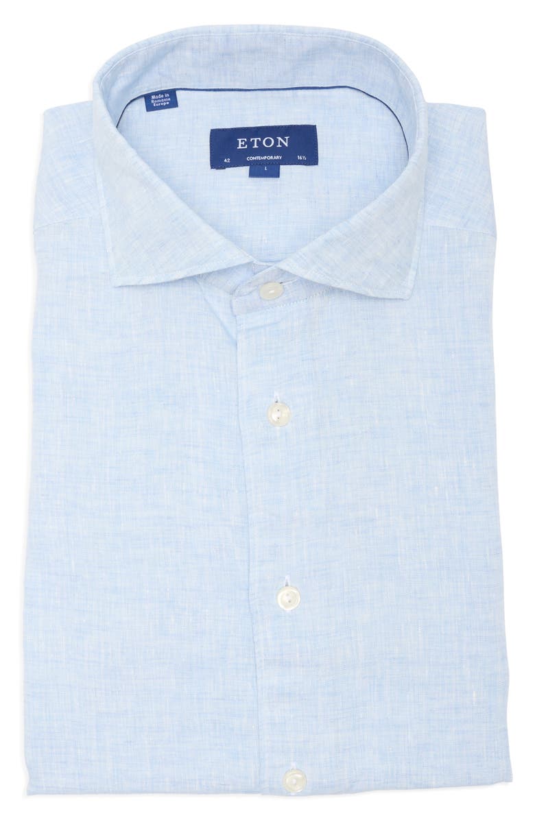 Eton Contemporary Fit Short Sleeve Linen Dress Shirt, Alternate, color, Blue