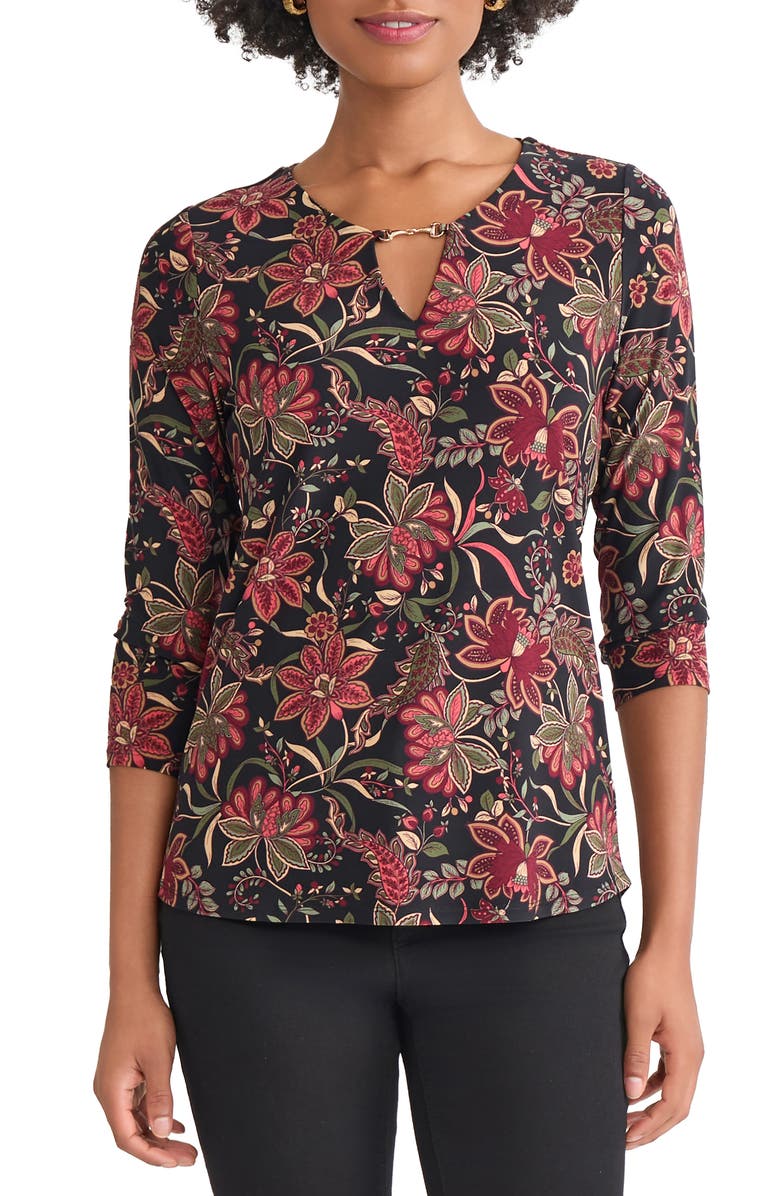 Jones New York Floral V-Neck Jersey Top, Main, color, Jones Black Multi
