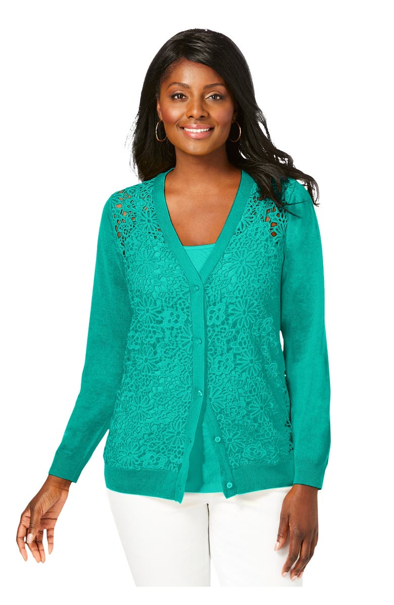 Jessica London Crochet Button-front Cardigan, Main, color, Aqua Sea