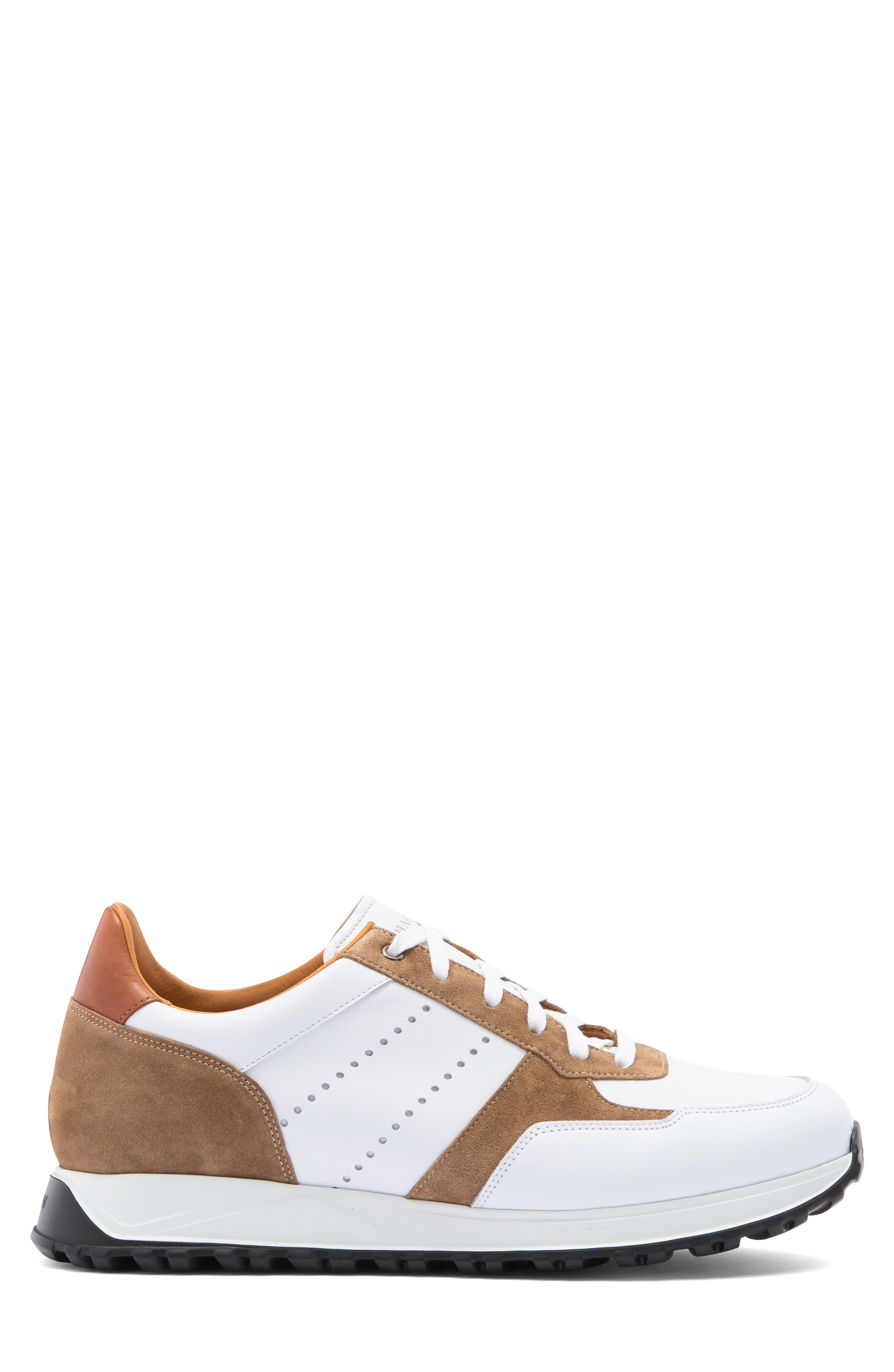 Magnanni Fado Leather Sneaker, Alternate, color, White / Castoro Suede