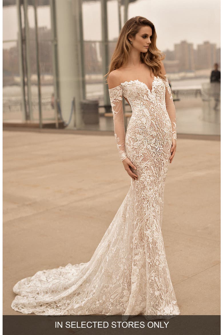 Long Sleeve Illusion Off the Shoulder Mermaid Gown, Main, color, IVORY