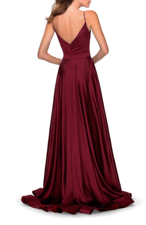 La Femme Long Satin Dress With Side Slit And V Shaped Back In Wine