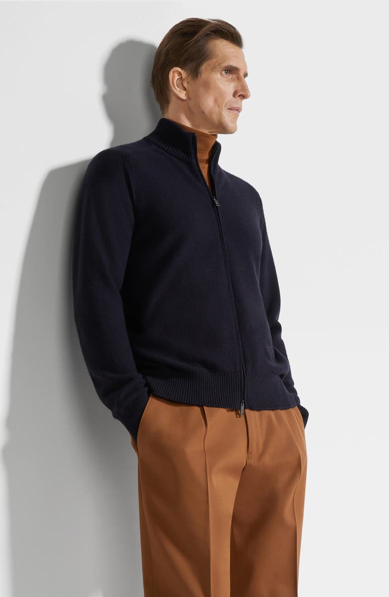 ZEGNA Cashseta Cashmere & Silk Mock Neck Zip Sweater, Alternate, color, Navy