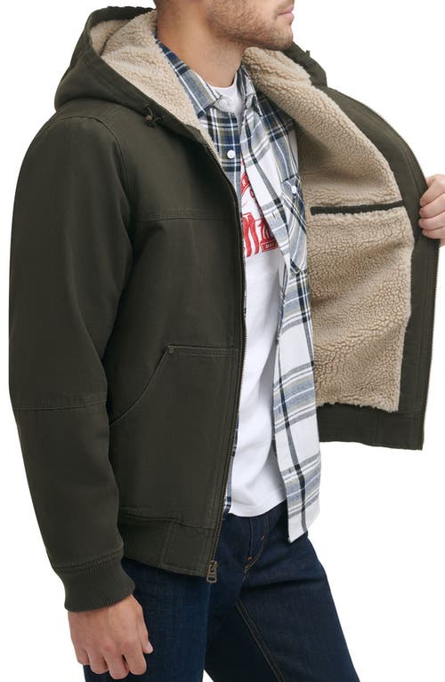 Levi's Workwear Cotton Canvas Faux Shearling Lined Hoodie Bomber Jacket In Green