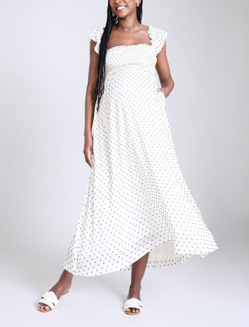 Motherhood Maternity Sleeveless Ruffle Shoulder Smocked Maxi Dress In White & Black Polka Dot