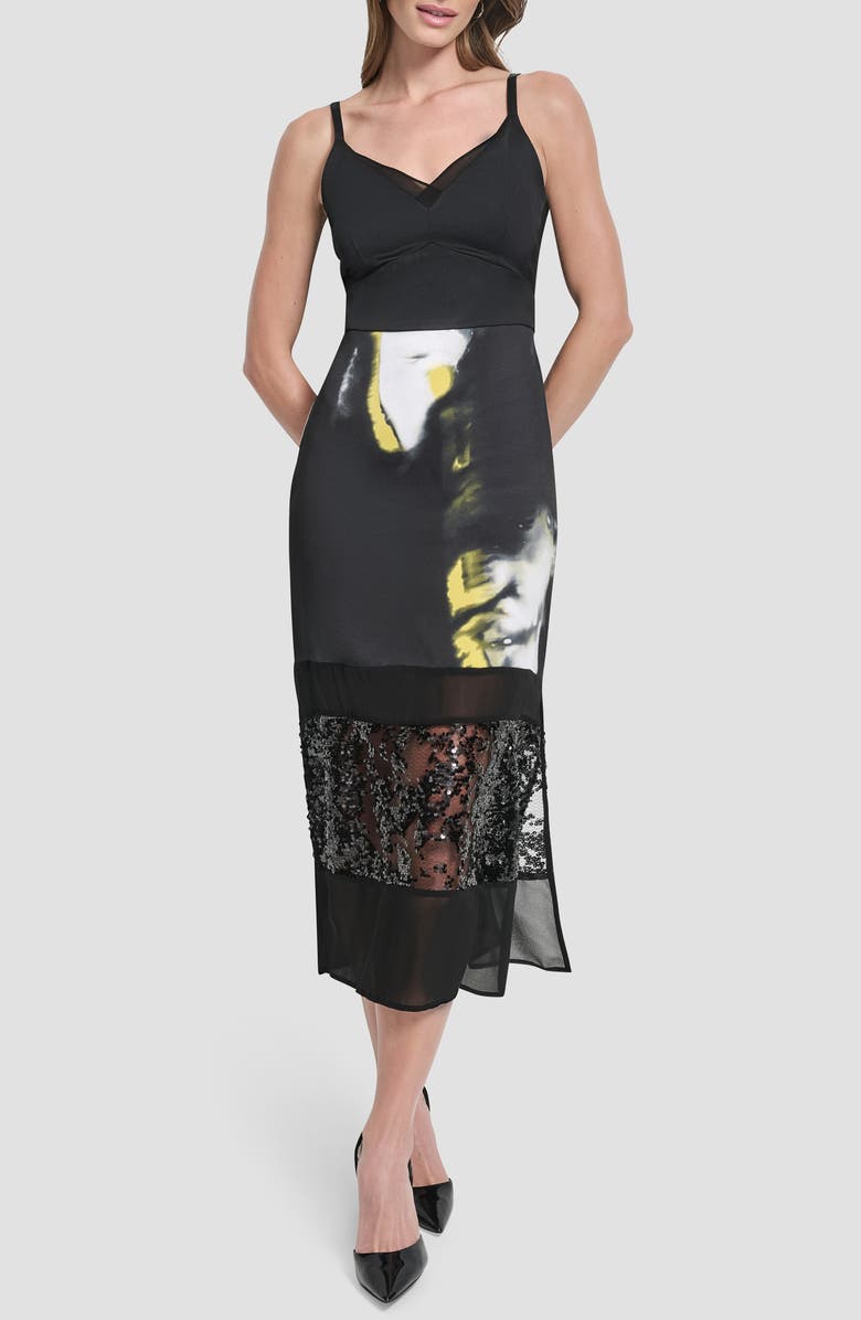 DKNY Mesh & Sequin Paneled Midi Skirt, Main, color, Marbled Citronella