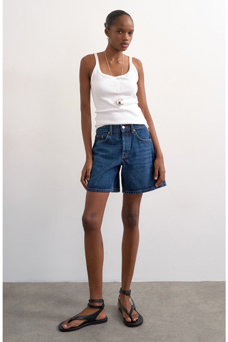 Editor Mid Rise Denim Shorts, Main, color, MBLUE