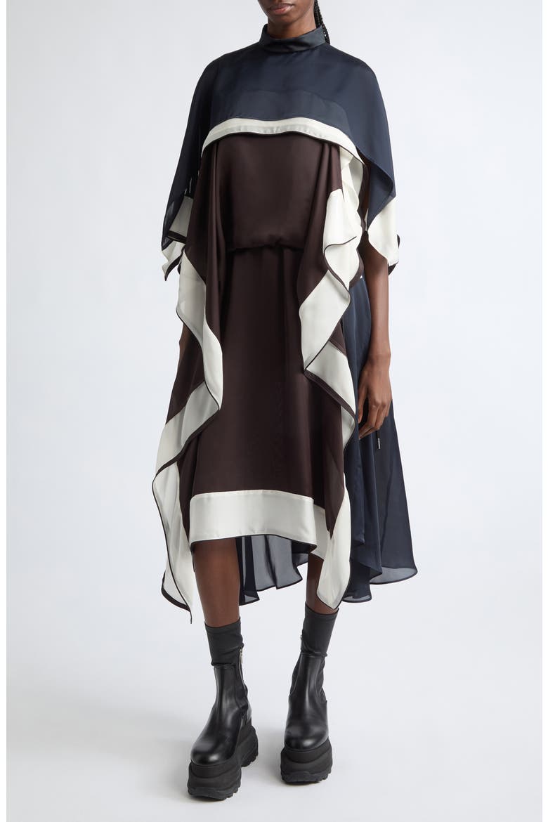 Satin X Chiffon Dress, Main, color, BROWN/ ECRU