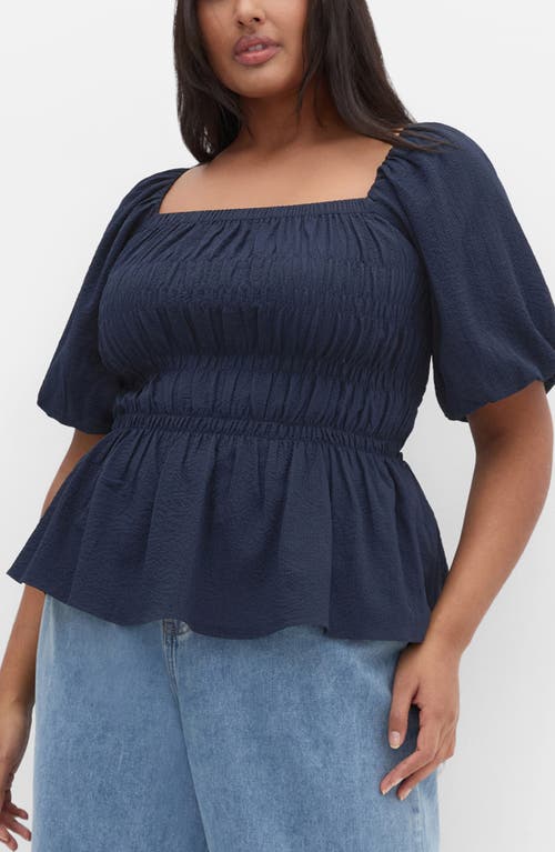 City Chic Irina Smocked Puff Sleeve Top In Blue
