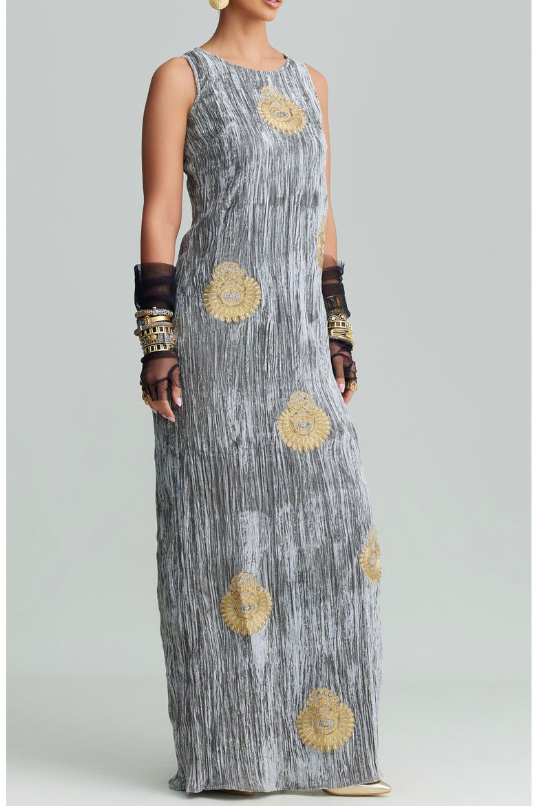 Syra Metallic Embroidery Crushed Velvet Maxi Dress, Alternate, color, GRAY