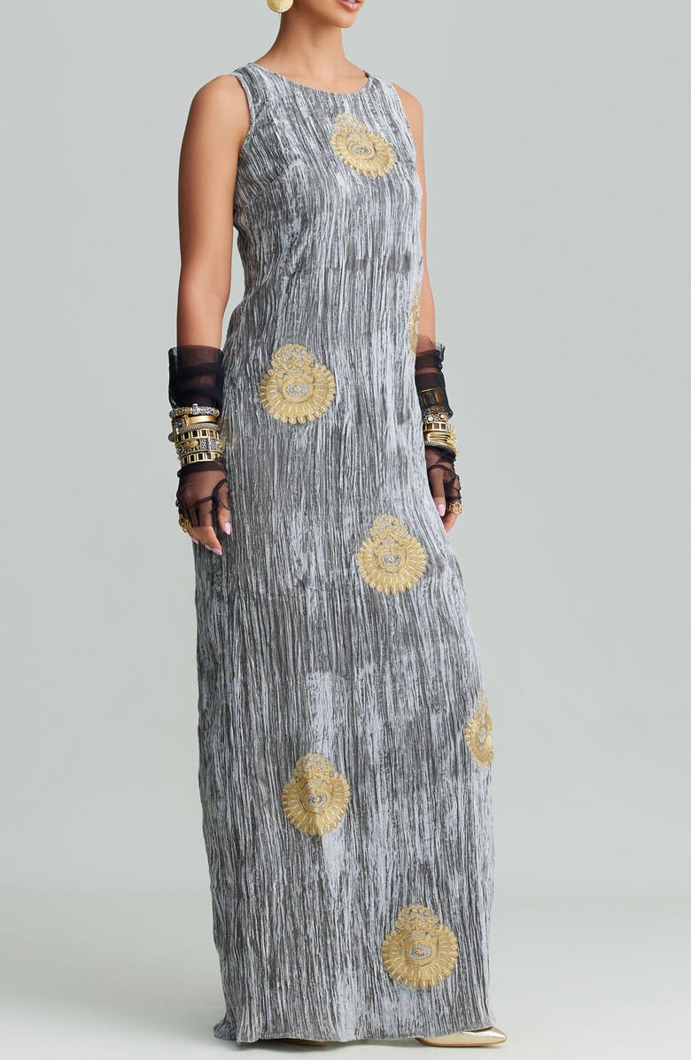 holiCHIC Syra Metallic Embroidery Crushed Velvet Maxi Dress, Alternate, color, Gray