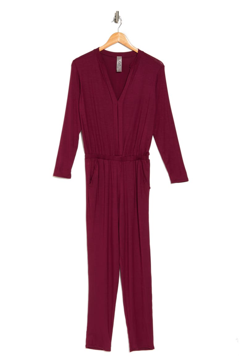 Split Neck Long Sleeve Jumpsuit, Alternate, color, BURGUNDY