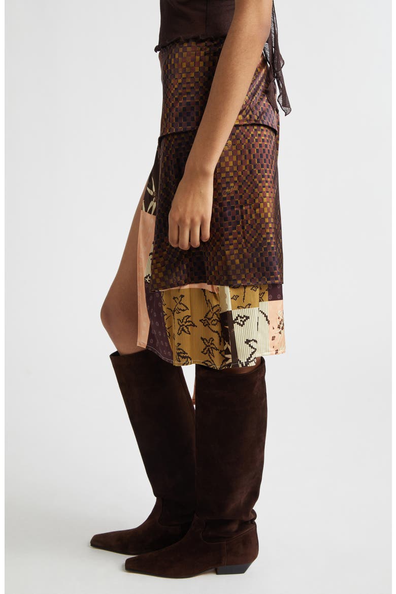 Zoe Patchwork Print Satin Skirt with Sash, Alternate, color, BROWN MULTI
