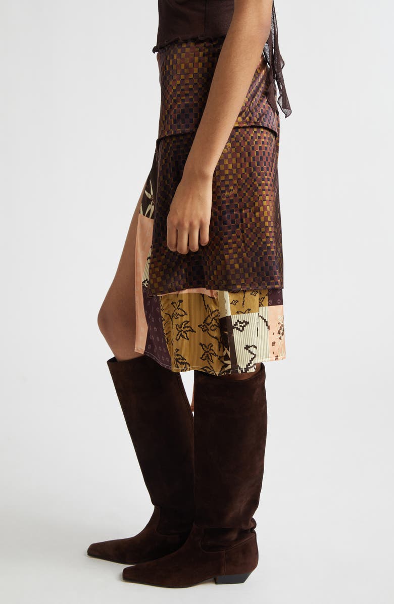 Siedrés Zoe Patchwork Print Satin Skirt with Sash, Alternate, color, Brown Multi