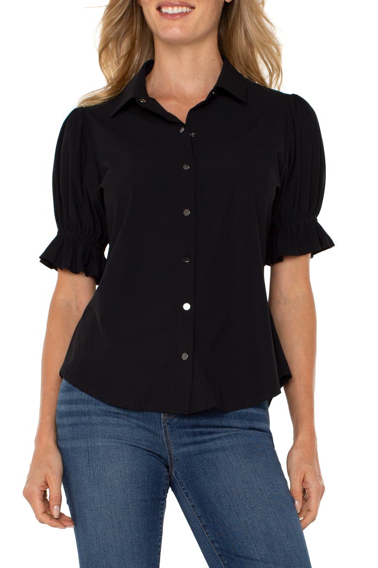 Puff Sleeve Knit Snap-Up Shirt, Main, color, BLACK