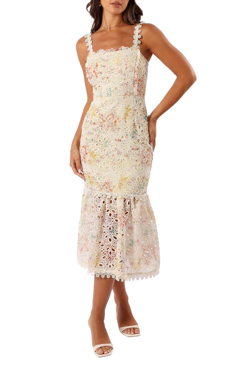 Isla Eyelet Ruffle Midi Dress, Main, color, LIME MULTI