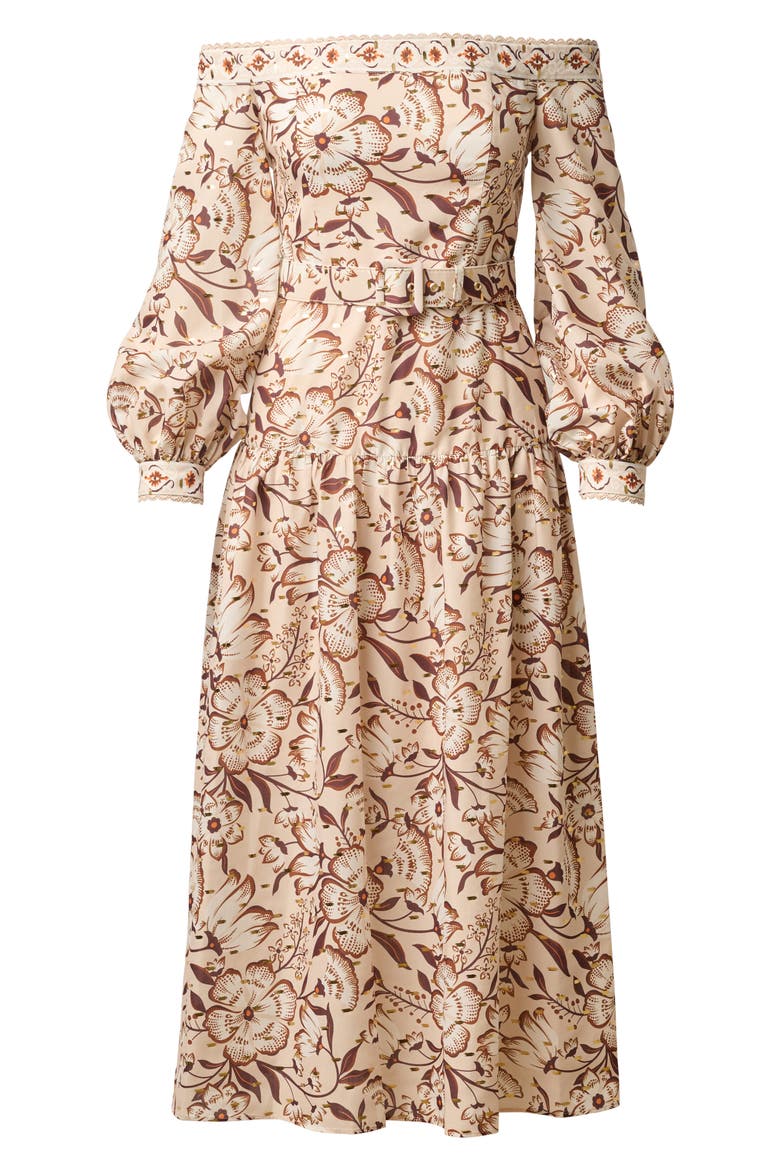 Floral Metallic Fleck Off the Shoulder Belted Cotton Dress, Alternate, color, ECRU/ CHOCOLATE