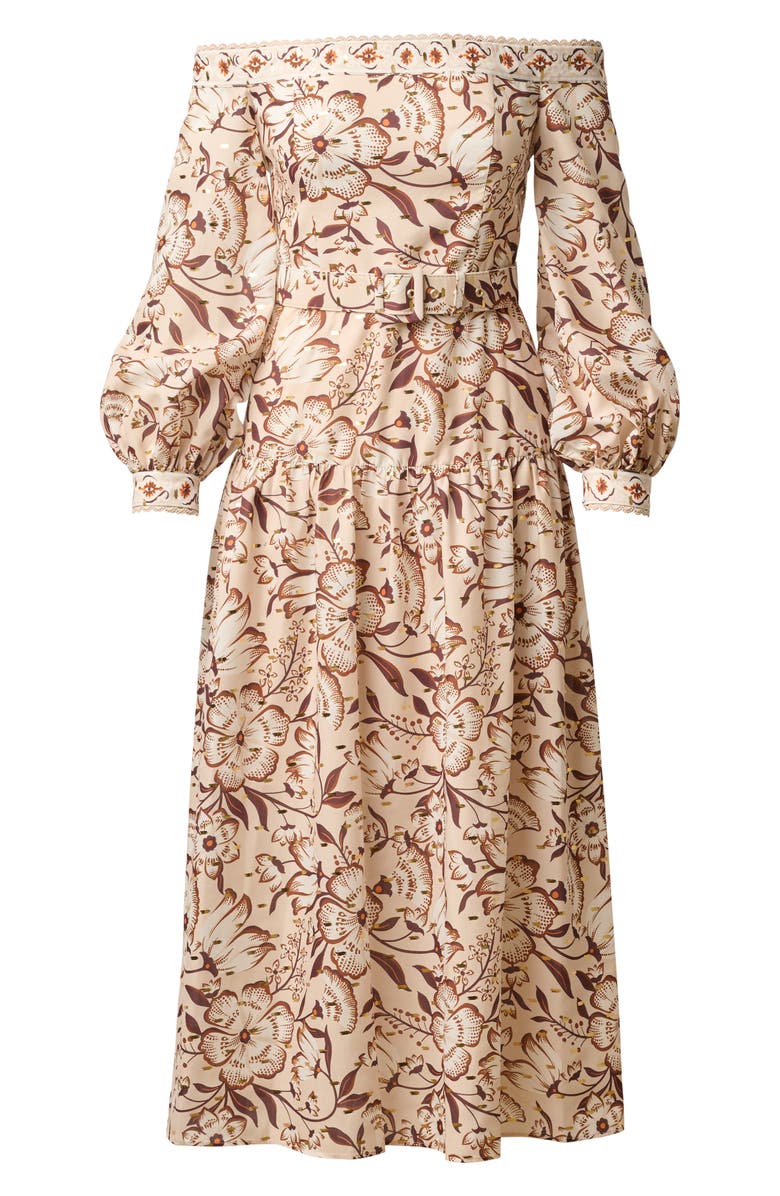 Adrianna Papell Floral Metallic Fleck Off the Shoulder Belted Cotton Dress, Alternate, color, Ecru/ Chocolate