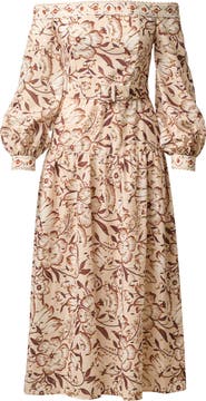 Adrianna Papell Floral Metallic Fleck Off the Shoulder Belted Cotton Dress