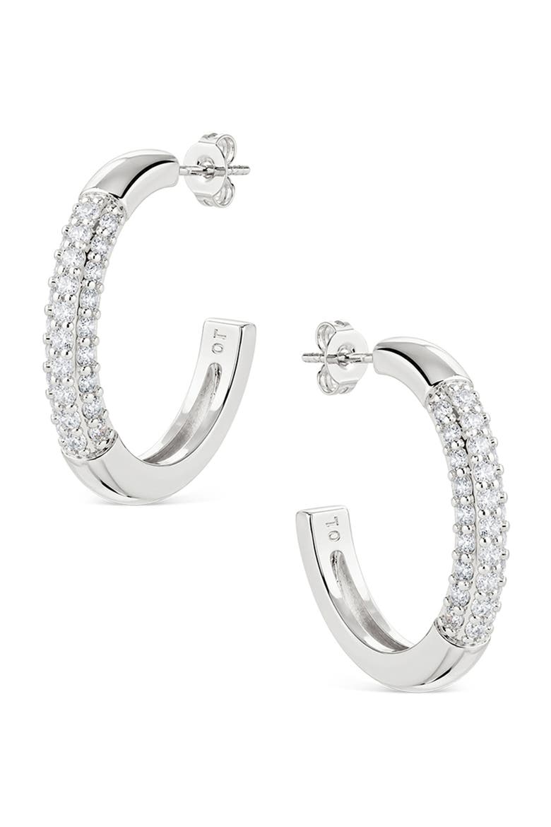 Half Pav9 Hoop Earrings, Main, color, SILVER