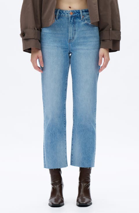 High Waist Raw Hem Ankle Straight Leg Jeans