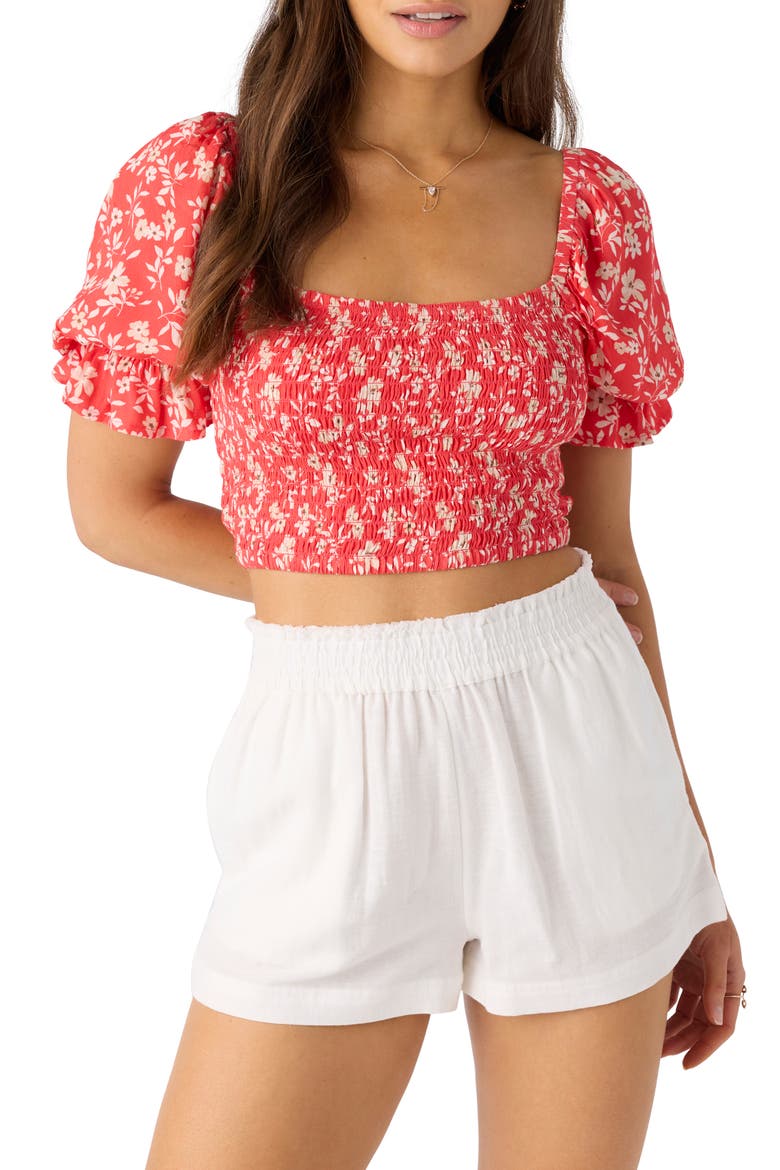 Lorna Floral Smocked Crop Top, Alternate, color, CAYENNE