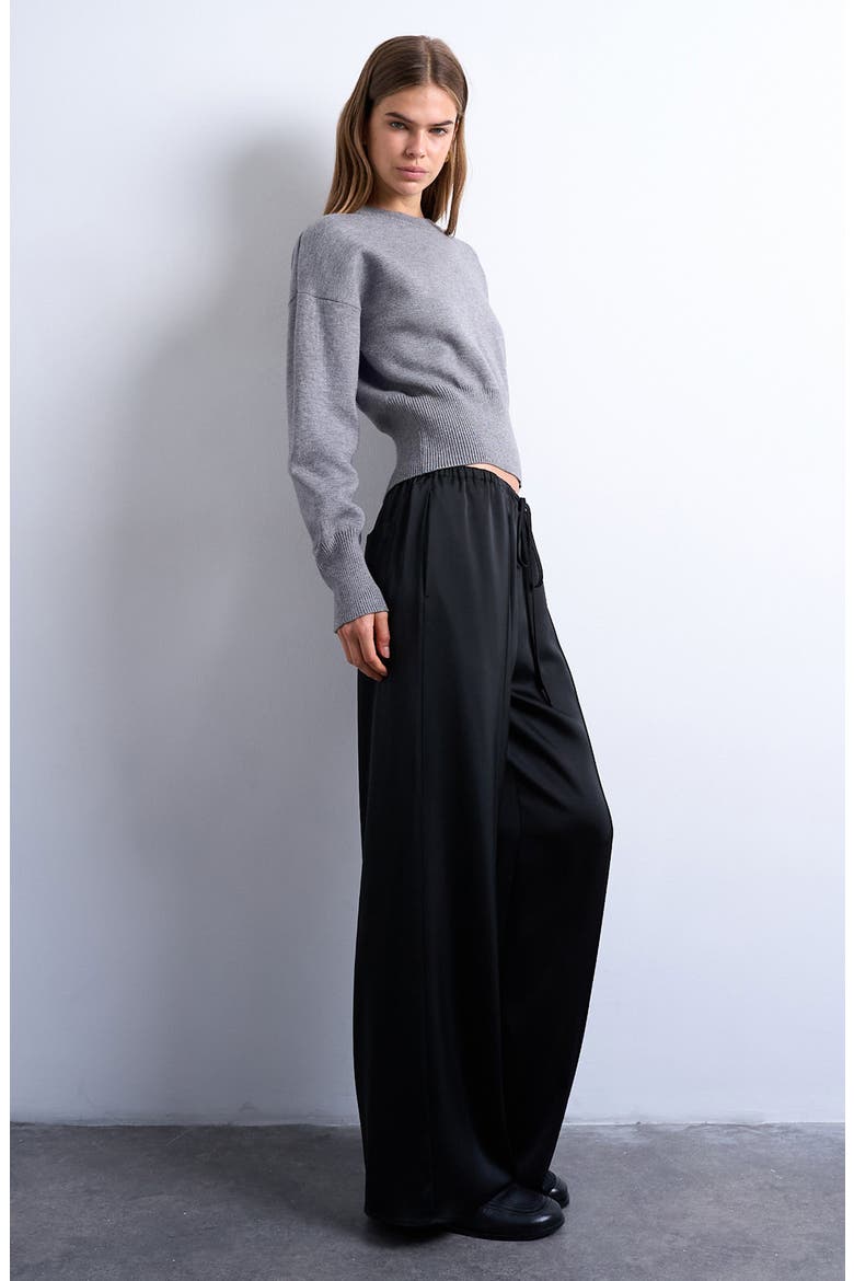 Satin Drawstring Wide Leg Pants, Alternate, color, BLACK