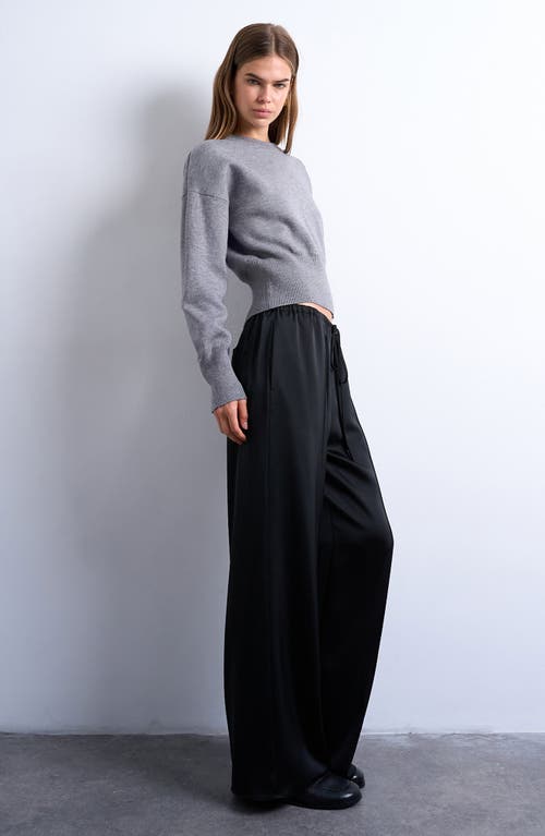 Topshop Satin Drawstring Wide Leg Pants In Black